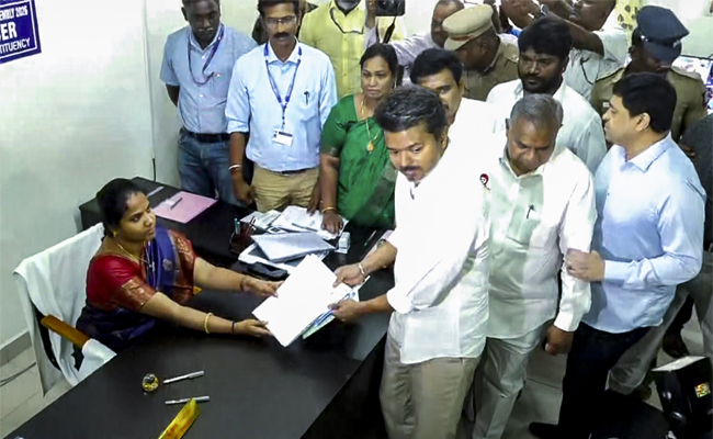 Vijay files nomination from Perambur in Chennai, appeals to people to give chance to 'whistle'